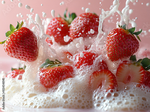 many strawberries exploding from milk, soaring in the air, pink background, studio lighting, soft lighting, advertising photography  photo