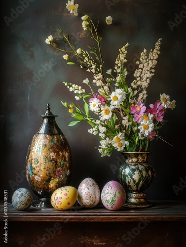 Easter-themed decoration with painted eggs and spring flowers in vases