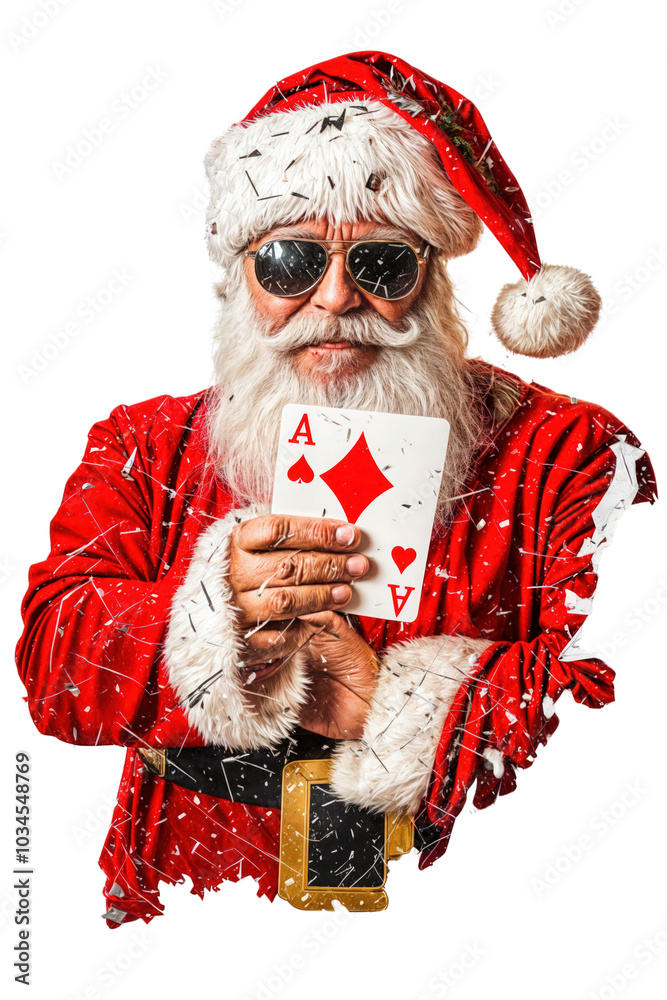 Santa Claus holding ace of diamonds card in hand, confident expression, casino-themed Christmas, isolated on transparent background