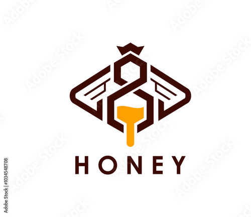 Honey bee icon for beekeeping and apiary product package, vector honeybee emblem. Bee in honeycomb with honey liquid flow drop in creative geometric line style for beekeeper apiary honey package