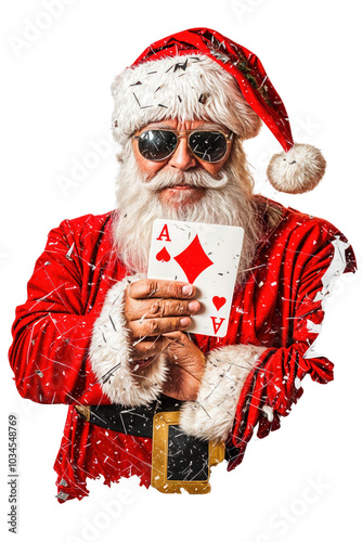 Obraz na płótnie Santa Claus holding ace of diamonds card in hand, confident expression, casino-themed Christmas, isolated on transparent background w salonie