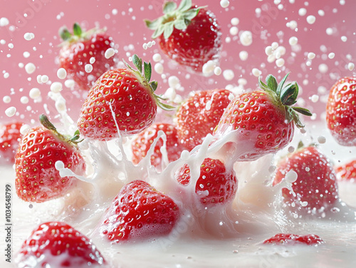 many strawberries exploding from white milk, soaring in the air, pink background, studio lighting photo