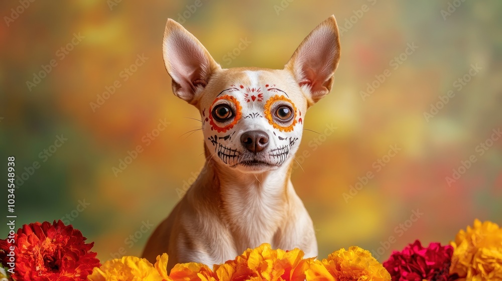 A beautiful dog with sugar skull face paint sits elegantly among vibrant Día de los Muertos decor capturing the celebration\'s spirit and offering plenty of creative copy space A beautiful dog with sugar skull face paint sits elegantly among vibrant Día de los Muertos decor capturing the celebration\'s spirit and offering plenty of creative copy space