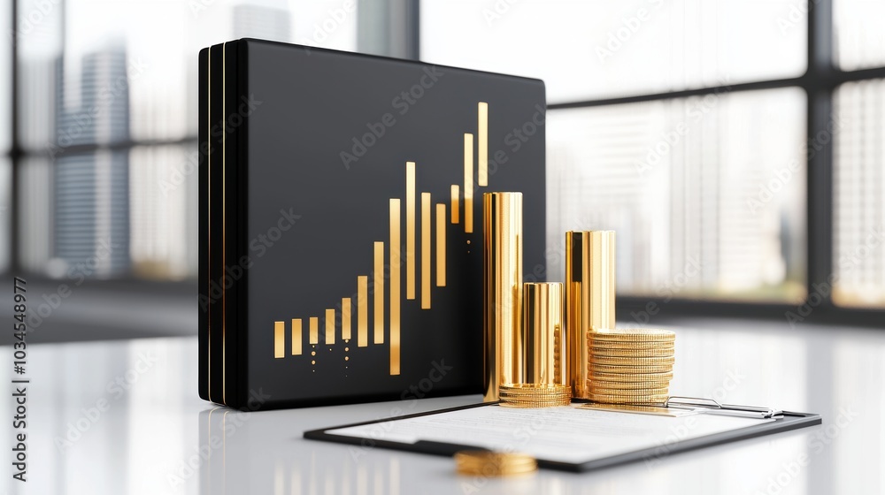 Obraz premium A sleek black portfolio displays golden financial charts and coins, symbolizing investment growth and success in a modern office environment.