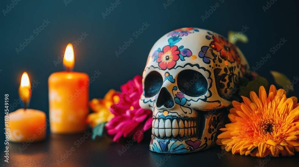 A vibrant skull adorned with floral patterns sits beside two lit candles and bright flowers capturing the essence of Dia de los Muertos and honoring loved ones in remembrance A vibrant skull adorned with floral patterns sits beside two lit candles and bright flowers capturing the essence of Dia de los Muertos and honoring loved ones in remembrance