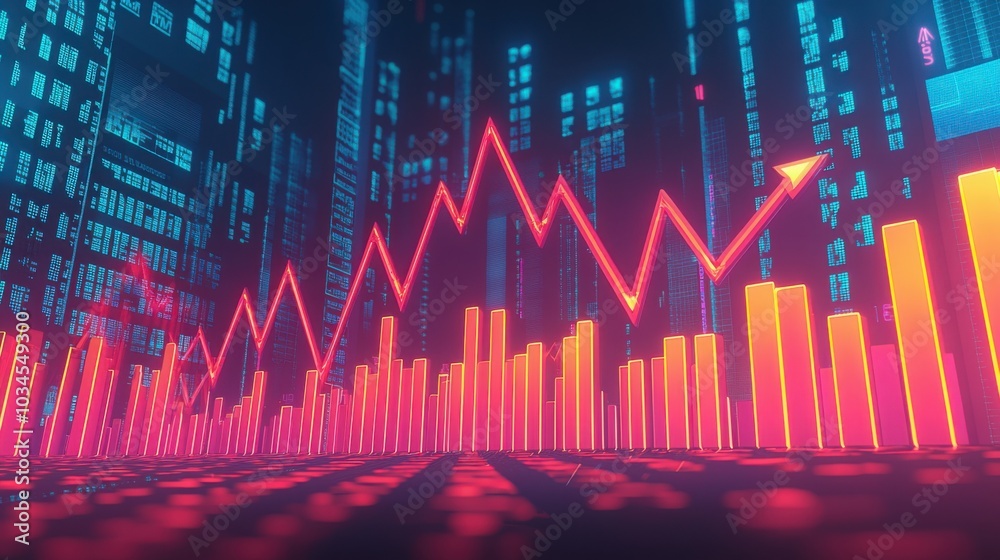 Fototapeta premium Sleek and modern financial growth illustration with geometric shapes and digital charts on a minimalist trading floor.