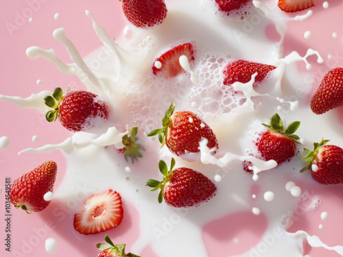 many strawberries exploding from white milk without bubble, soaring in the air, pink background, studio lighting photo