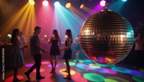 A disco ball illuminates a lively dance floor with soft musical beats