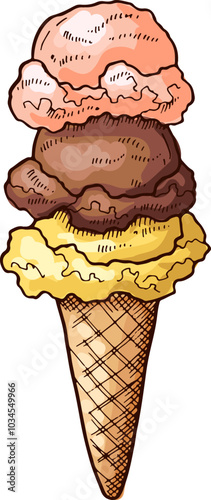 Ice cream balls cone. Sweet scoop waffle