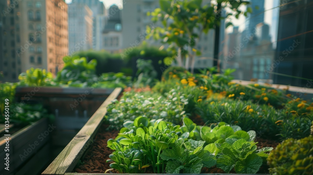 A close-up shot of a rooftop garden, showcasing lush green leafy plants growing in wooden planter boxes. A close-up shot of a rooftop garden, showcasing lush green leafy plants growing in wooden planter boxes.