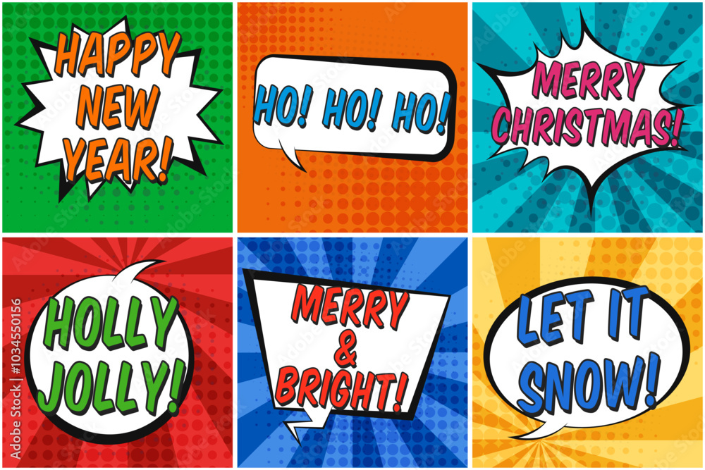 Bright vector square Christmas retro comic speech bubbles set. Vibrant colours message balloons with halftone shadow in pop art style for winter holiday stickers, New Year greeting cards design Bright vector square Christmas retro comic speech bubbles set. Vibrant colours message balloons with halftone shadow in pop art style for winter holiday stickers, New Year greeting cards design