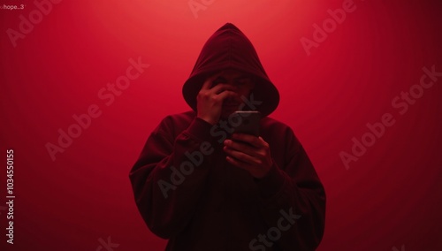 Hooded figure in red mist focused on smartphone photo