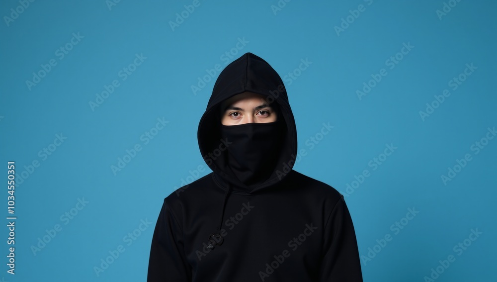 Hooded figure against blue backdrop Hooded figure against blue backdrop