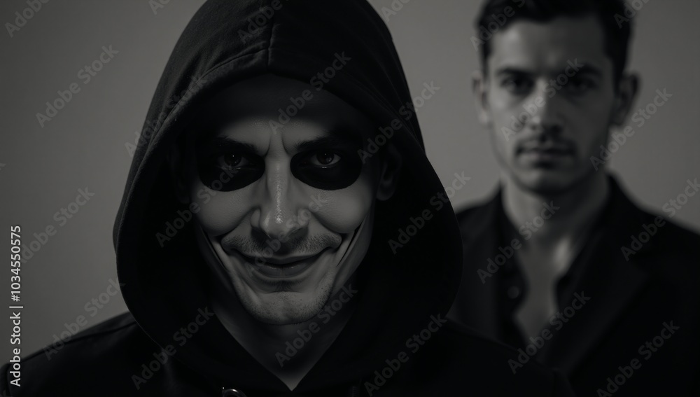A Halloween-inspired image features a darkened setting with a hooded dangerous criminal lurking menacingly A Halloween-inspired image features a darkened setting with a hooded dangerous criminal lurking menacingly