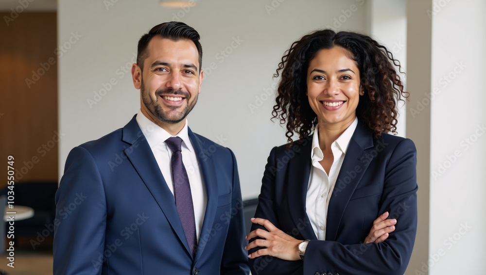 A diverse duo of smiling businesspeople pose together indoors A diverse duo of smiling businesspeople pose together indoors