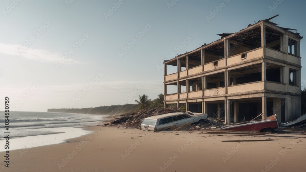 Ruined oceanfront building showing aftermath of coastal destruction.