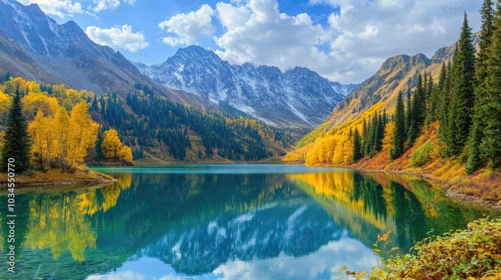 Autumn Landscape with Mountain and Reflective Lake