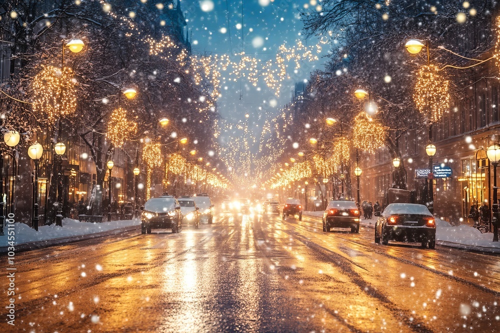 Enchanting winter street scene with snowfall and shimmering lights on a rainy road with cars Enchanting winter street scene with snowfall and shimmering lights on a rainy road with cars