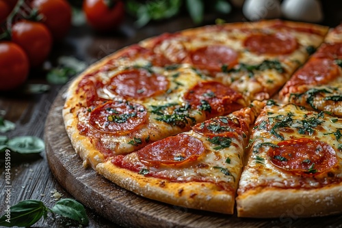 Delicious pepperoni pizza with fresh basil on wooden board. photo