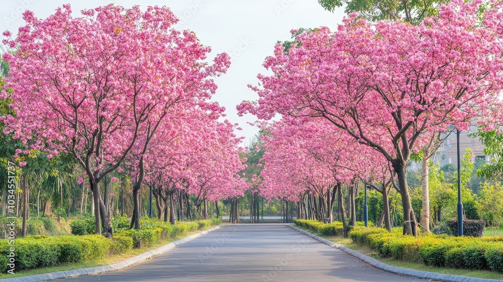 Beautiful Pink Blossom Trees Along Serene Pathway Beautiful Pink Blossom Trees Along Serene Pathway