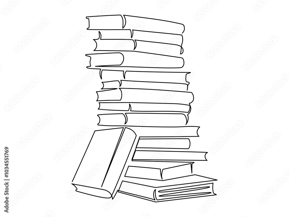 One continuous line drawing of stack books. Education in school and library studying in simple linear style.Writing draft business in Editable stroke. Doodle icon vector illustration