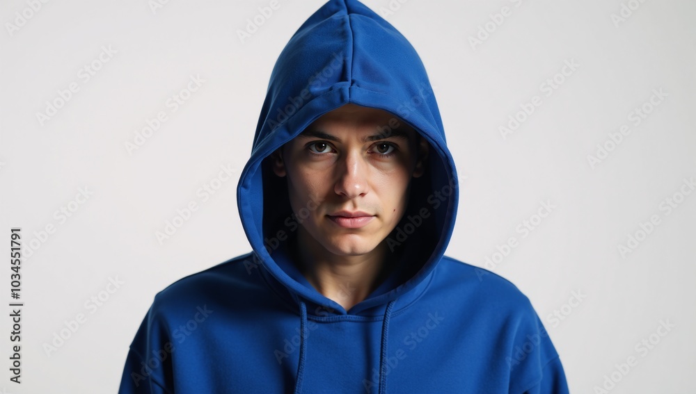 Image of a hooded hacker figure clad in a blue hoodie on a white backdrop Image of a hooded hacker figure clad in a blue hoodie on a white backdrop