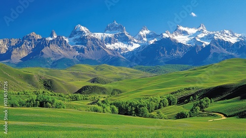 Scenic Mountain Landscape with Green Hills and Blue Sky