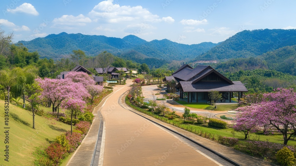 Fototapeta premium Scenic View of Serene Landscape with Flowering Trees