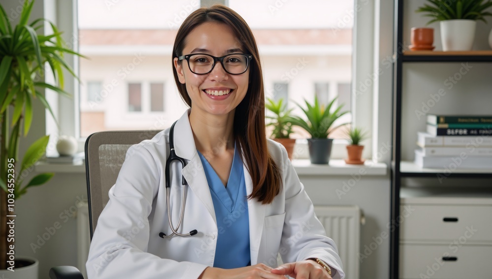 Cheerful doctor with glasses at organized desk assisting patients in plant-filled med office Cheerful doctor with glasses at organized desk assisting patients in plant-filled med office