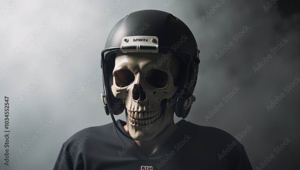 A chilling image featuring a skull-helmet fusion with a ghoulish face behind a cracked visor showcasing visible bones in the eerie fog A chilling image featuring a skull-helmet fusion with a ghoulish face behind a cracked visor showcasing visible bones in the eerie fog