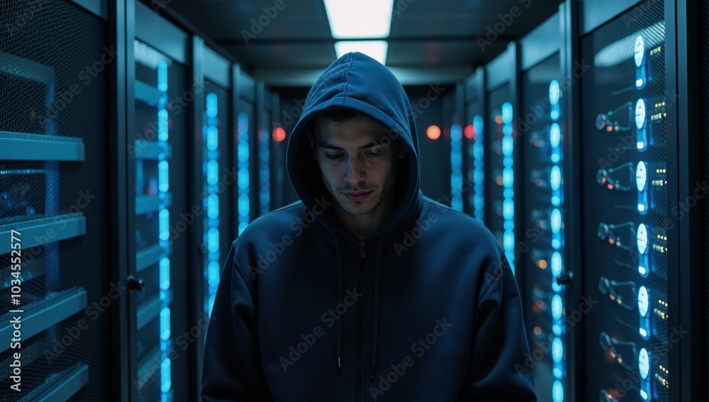 A Hacker in a Hoodie within a Data Center setting A Hacker in a Hoodie within a Data Center setting