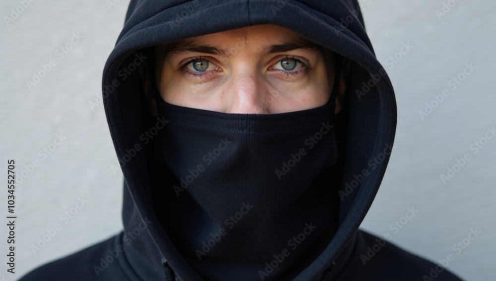 Masked man in dark hoodie with piercing blue gaze Masked man in dark hoodie with piercing blue gaze