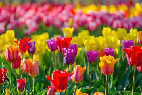 A vibrant field of tulips in various colors blooming under the spring sun in a public garden, attracting visitors and pollinators during a sunny day in mid-April