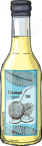 Coconut oil glass bottle. Hand drawn cooking ingredient