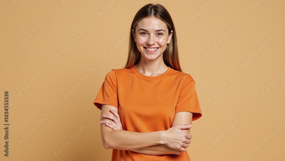 A young Caucasian woman with a smile smiles casually dressed in orange while holding her hands and looking at the camera against a pastel beige backdrop lifestyle-oriented portrait