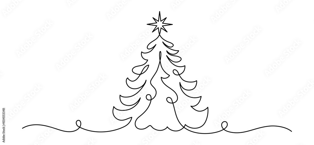 One continuous line drawing of Christmas tree with star on top. Festive pine plant in simple linear style.Editable stroke. Doodle monoline vector illustration One continuous line drawing of Christmas tree with star on top. Festive pine plant in simple linear style.Editable stroke. Doodle monoline vector illustration