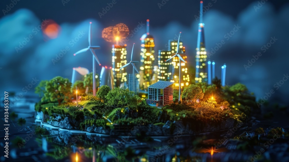 Obraz premium A miniature city with wind turbines and trees on a small island. It is lit up at night, reflecting the futuristic cityscape.