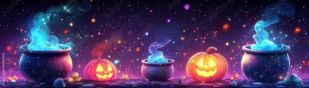 Fototapeta premium Enchanting Halloween Night Mystical Cauldrons and Jack-o'-Lanterns Illuminating a Starry Sky