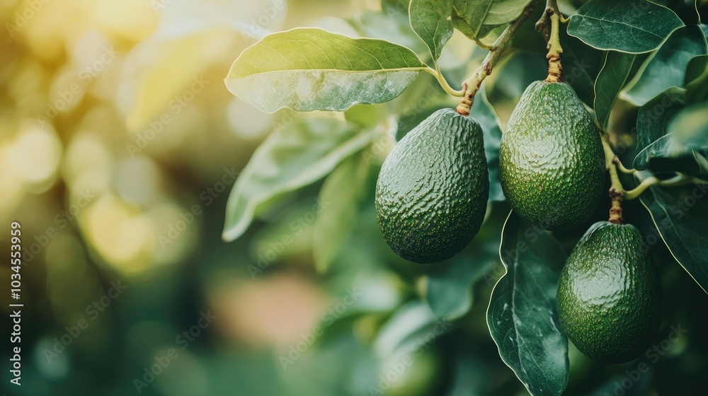 Fresh Avocados Hanging on a Tree Branch Fresh Avocados Hanging on a Tree Branch