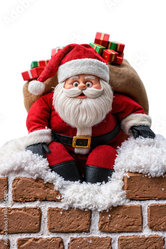 Santa figurine sitting on snow-covered chimney with sack of gifts, festive decoration, isolated on black background