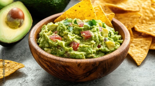 Fresh Guacamole with Tortilla Chips in Wooden Bowl