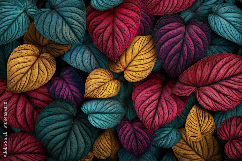 autumn mood, jade teal golden dark wine-red colour scheme, a variety of variegated lush tropical exotic plant leaves, background cyberpunk city, bioluminescent glow autumn mood, jade teal golden dark wine-red colour scheme, a variety of variegated lush tropical exotic plant leaves, background cyberpunk city, bioluminescent glow