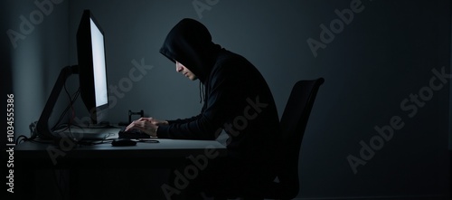 Hacking computer in dim room hooded cybercriminal using malware for device intrusion photo