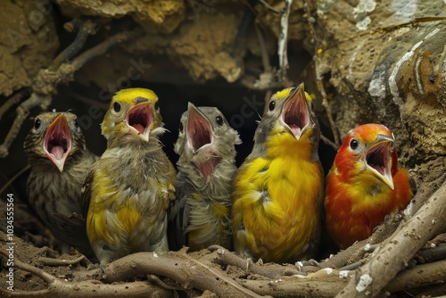 A vibrant group of fledgling birds eagerly waiting for food in their natural nest during early springtime in a woodland area photo