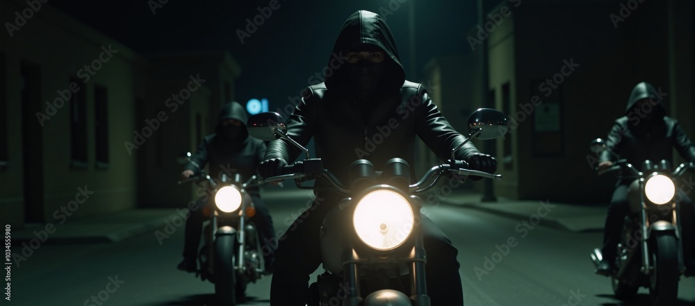 Three mysterious ominous hooded riders on motorcycles cruise through the night in a spine-tingling thrilling scene Three mysterious ominous hooded riders on motorcycles cruise through the night in a spine-tingling thrilling scene