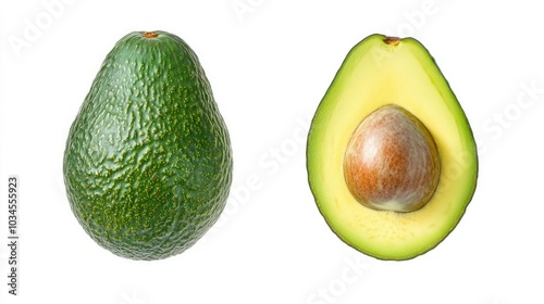 Ripe Avocado Whole and Halved on White Background