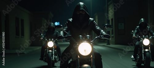 Three mysterious ominous hooded riders on motorcycles cruise through the night in a spine-tingling thrilling scene photo