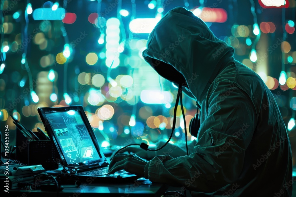 A mysterious figure wearing a hoodie and mask sits in a dimly lit room, intensely focused on a laptop screen, suggesting clandestine online activity during the evening A mysterious figure wearing a hoodie and mask sits in a dimly lit room, intensely focused on a laptop screen, suggesting clandestine online activity during the evening