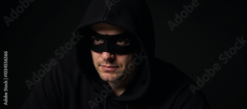 Criminal man with hooded appearance gazes at dangerous backdrop photo