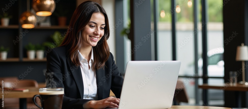 Fototapeta premium A beaming confident successful young Latina entrepreneur works at her laptop in a cozy cafbar environment while managing her small business remotely